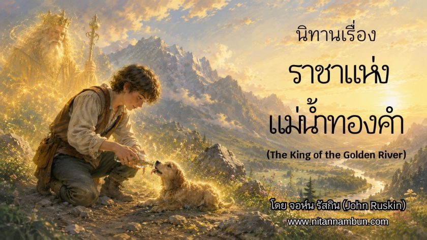 กลั๊ก เด็กหนุ่มใจดี กำลังคุกเข่าป้อนน้ำหยดสุดท้ายให้ลูกสุนัขบนภูเขา ขณะที่แสงสีทองแห่งปาฏิหาริย์ส่องสว่าง และราชาแห่งแม่น้ำทองคำปรากฏขึ้นเบื้องหลัง