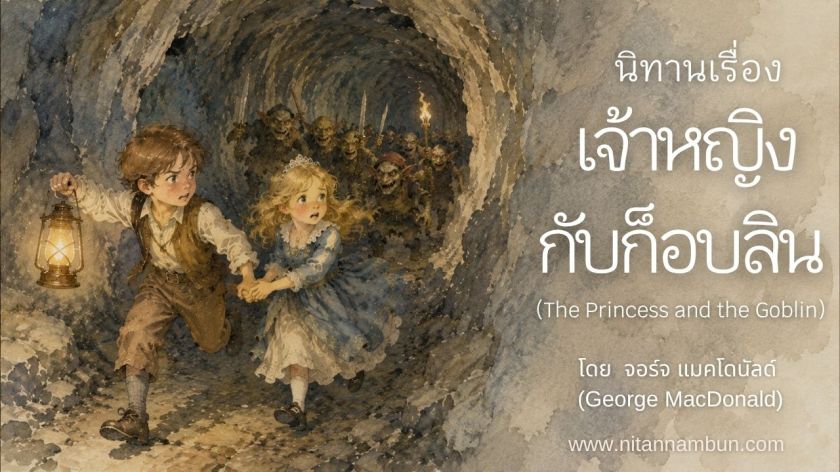 ปกนิทานเรื่อง เจ้าหญิงกับก็อบลิน (The Princess and the Goblin) โดย George MacDonald แสดงภาพเจ้าหญิงไอรีนและเคอร์ดีกำลังหนีพวกก็อบลินในอุโมงค์ใต้ภูเขา