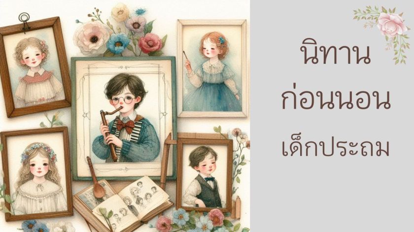 นิทานก่อนนอนเด็กประถม ภาพวาดวินเทจเด็กเล่นดนตรีและดอกไม้