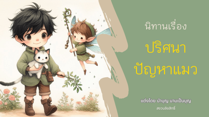 ภาพปกนิทาน ปริศนาปัญหาแมว เด็กชายอุ้มแมวพร้อมภูตน้อยในบรรยากาศแฟนตาซี