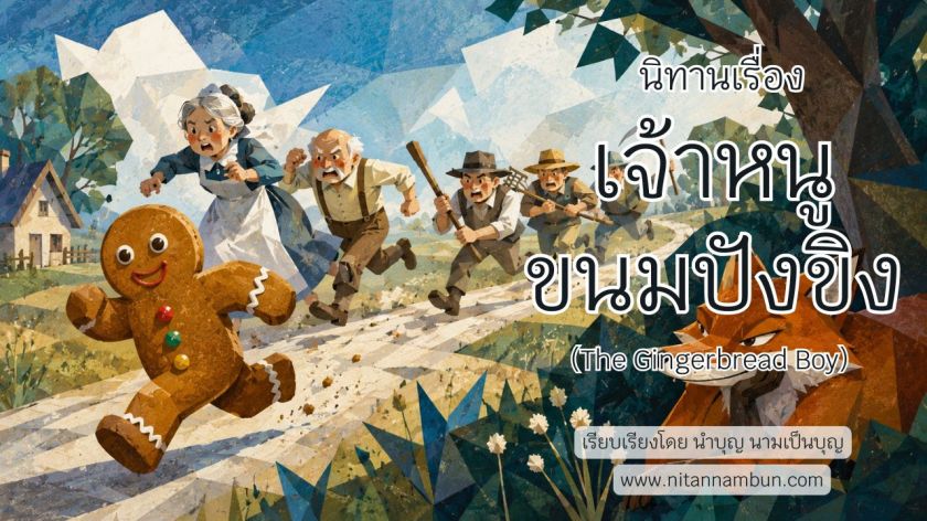 นิทานเจ้าหนูขนมปังขิง กำลังวิ่งหนีผู้คน พร้อมสุนัขจิ้งจอกเฝ้ามอง (The Gingerbread Boy)