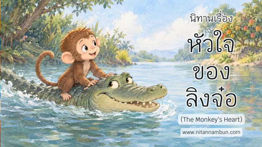 ลิงจ๋อนั่งบนหลังจระเข้ ลอยไปตามแม่น้ำท่ามกลางต้นไม้เขียวชอุ่ม